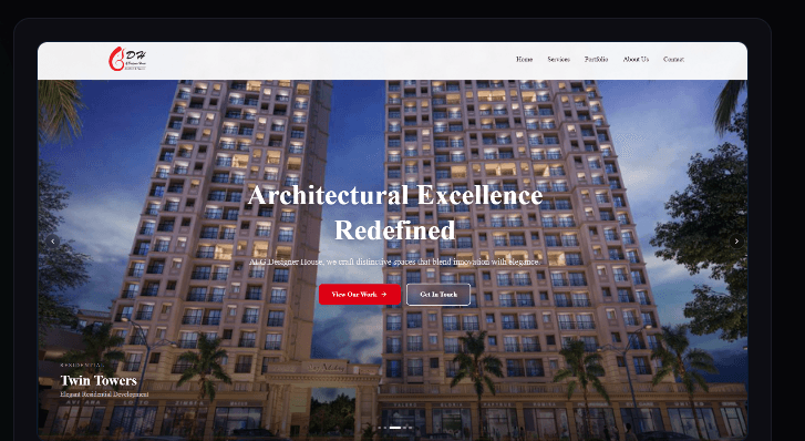 The G Designer House website, showing a full-width architectural photograph with the headline "Architectural Excellence Redefined" over it.
